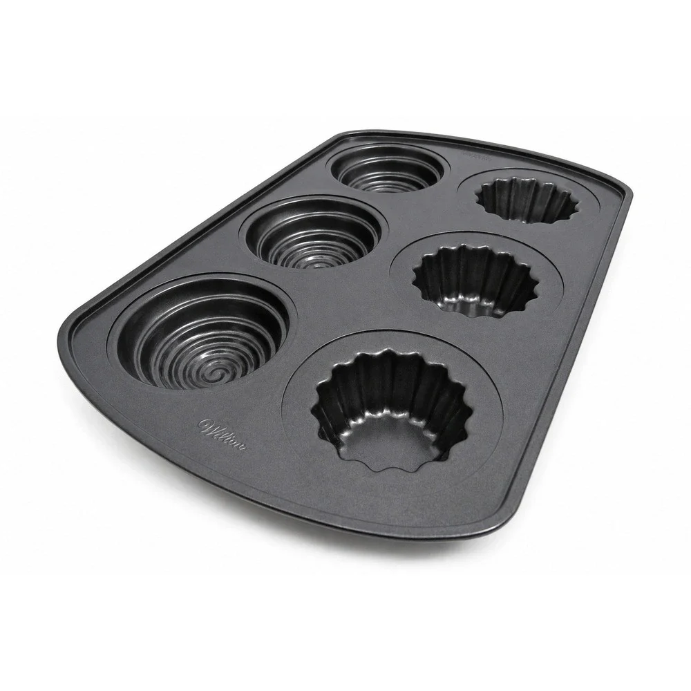 Wilton 6 Cavity Non-Stick Baking Pan Spiral Swirl and Fluted Mold Shapes Gray